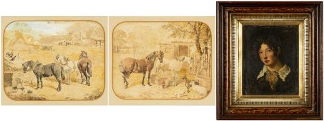 CIRCLE OF J.F. HERRING pair of watercolours - horses at their stables with other farmyard animals,