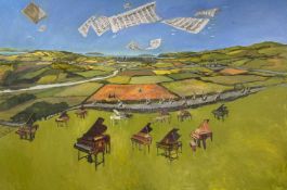 ‡ PHILIP MUIRDEN (1932-2023) oil on canvas - entitled verso, 'Land of Music, unsigned, 121 x