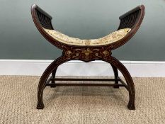 EDWARDIAN RENAISSANCE REVIVAL MARQUETRY STOOL, of bowed X-form, inlaid friezes to both sides, legs