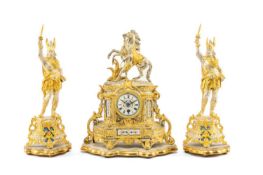 FRENCH SPELTER & PORCELAIN-MOUNTED CLOCK GARNITURE, c. 1900, of neo-rococo form, the mantel clock