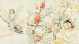 ‡ MARJORIE DAVIES (1906-2007) watercolour - set of three paintings depicting fairies, all three