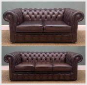 TWO MODERN VICTORIAN STYLE LEATHER CHESTERFIELD SOFAS, dark brown upholstery, turned bun feet, two