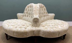 VICTORIAN TRIPLE CONVERSATION SETTEE, pale lemon fabric buttoned upholstery, standing on turned