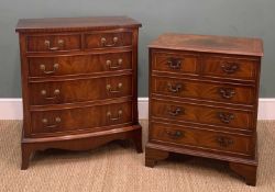 TWO REPRODUCTION MAHOGANY CHESTS, one crossbanded bow-front, two short over three graduated drawers,
