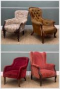 FOUR ANTIQUE ARMCHAIRS including, Victorian walnut chair with buttoned mustard cloth upholstery,