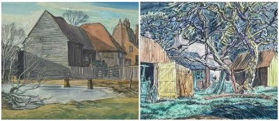 ‡ EDGAR HOLLOWAY (English, lived Wales 1914-2008) watercolour - farmstead, signed, 27 x 38cms