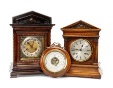 TWO MANTEL CLOCKS & ANEROID BAROMETER, both clock of architectural form, one with Roman numerals,