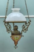 ART NOUVEAU POTTERY HANGING OIL LAMP, French or Belgian, with opaque glass shade gilt metal