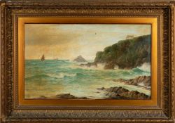 DAVID JAMES (1860-1904) oils on canvas - coastal landscape, depicting fishing boats and steamer