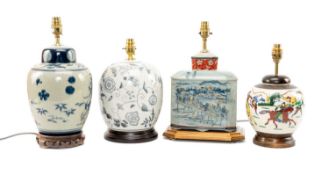 ASSORTED CERAMIC TABLE LAMPS, decorated in the Chinese taste, three in underglaze blue, fourth in