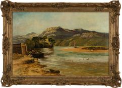 E. MORGAN (early 20th C.) oil on canvas - estuary scene with boats and figures, signed and dated