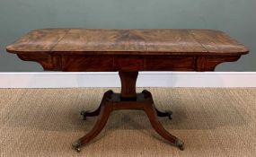 LATE REGENCY MAHOGANY CROSSBANDED SOFA TABLE, two full length frieze drawers, concave platform,