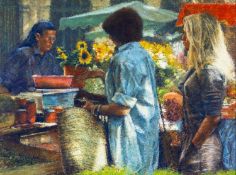 ‡ KEITH BOWEN (Welsh b.1950) pastel - entitled verso 'Flower market in Aix', signed, 36 x 49cms