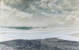 ‡ GWYLIM PRICHARD (Welsh 1931-2015) watercolour - vast shoreline at low tide with figures walking,