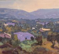 ‡ GARETH THOMAS (Welsh b.1955) oil on board - Provence landscape with many lavender fields,