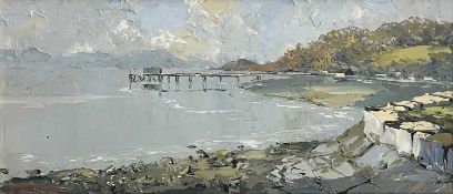 ‡ CHARLES WYATT WARREN (Welsh 1908-1993) oil on board - Beaumaris pier with distant mountains,