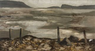 ‡ GWYN BROWN (Welsh 20th Century) oil on board - entitled verso 'Low Tide', inscribed verso, 49 x