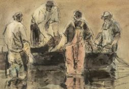 ‡ WILLIAM SELWYN (Welsh b.1933) mixed media - entitled verso 'Fishermen on the Menai Straits',