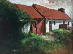 ‡ ANEURIN JONES (Welsh 1930-2017) oil on board - red roofed barn, signed, 31 x 41cms Provenance: