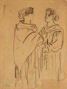 ‡ AUGUSTUS JOHN RA (Welsh 1878-1961) ink on paper - two conversing gypsy figures in shawls,