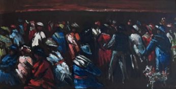 ‡ ANDREW VICARI (Welsh b.1932) oil on board - dancing figures and a dog, signed, 25 x 50cms