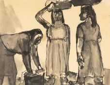 ‡ JOSEF HERMAN OBE RA (Polish, worked Wales 1911-2000) ink wash on paper - three figures harvesting,