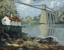‡ CHARLES WYATT WARREN (Welsh 1908-1993) oil on board - Menai Suspension Bridge from Porthaethwy,