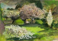 ‡ JOHN ELWYN (Welsh 1916-1997) acrylic on paper - spring blossom after a shower, 1980s, signed, 40 x