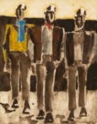 ‡ JOSEF HERMAN OBE RA (Polish, worked Wales 1911-2000) watercolour - three standing miners, 24.5 x