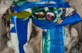 ‡ GLENYS COUR (Welsh b.1924) mixed media on paper - 'Blue Monument', signed and dated '77, 32.5 x