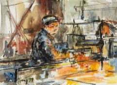 ‡ VALERIE GANZ (Welsh 1936-2015) watercolour - steel worker, signed and dated '79, 24.5 x 33.5cms