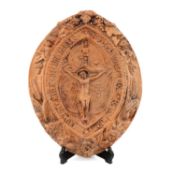 RARE EWENNY TERRACOTTA PLAQUE dated 1918, front moulded with Christ on the Cross, within biblical