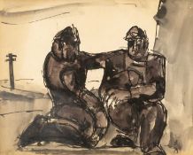 ‡ JOSEF HERMAN OBE RA (Polish, worked Wales 1911-2000) ink and wash - two miners resting, 19.5 x