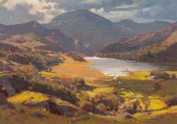 ‡ DAVID WOODFORD (English, worked and lives Wales, b.1938) oil on card - Llyn Dinas, Eryri (