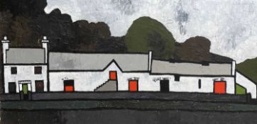 ‡ TOM JONES (Welsh 20th Century) oil on panel - village scene with buildings, signed and dated '