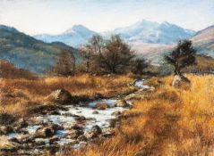 ‡ KEITH BOWEN (Welsh b.1950) pastel - frozen trail above Capel Curig, below Yr Wyddfa (Snowdon),