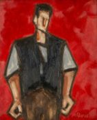 ‡ MIKE JONES (Welsh 1941-2022) oil on board - entitled verso 'Foundry Man', on Ffin y Parc Gallery