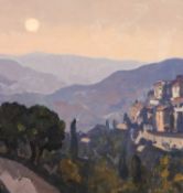 ‡ GARETH THOMAS (Welsh b.1955) oil on board - Provence landscape with hillside road and building,