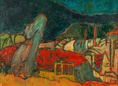 ‡ EWART JOHNS (Welsh 1923-2013) oil on board - entitled verso 'Landscape with Poppy Field from