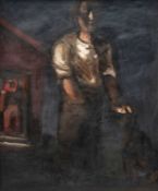 ‡ JOSEF HERMAN OBE RA (Polish, worked Wales 1911-2000) oil on canvas - figure standing with dog,