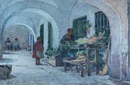 BUDDUG ANWYLINI PUGHE (Welsh 1856-1939) watercolour – fruit market stall, probably Venice, signed