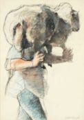 ‡ KEITH BOWEN (Welsh b.1950) pastel on paper - shepherd carrying a sheep, signed in pencil, dated