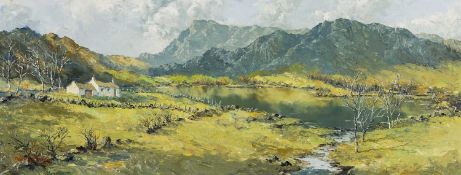 ‡ CHARLES WYATT WARREN (Welsh 1908-1993) oil on board - Eryri landscape with lakeside cottage,