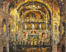 ‡ DAVID GRIFFITHS MBE (Welsh b.1939) oil on canvas - cathedral interior with figures, signed, 41 x