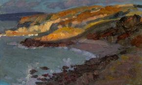 ‡ DAVID WOODFORD (English, lives and works Wales b. 1938) oil on card - entitled verso 'Fedw Fawr (