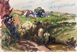 ‡ WILL EVANS (Welsh 1887-1957) watercolour - landscape with cattle and farmstead, 38 x 56cms