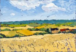 ‡ GWILYM PRICHARD (Welsh 1931 - 2015) oil on canvas - entitled verso, 'Tirlun, Llydaw / Landscape,