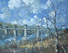 ‡ CHARLES WYATT WARREN (Welsh 1908-1993) oil on board - Britannia Bridge over the Menai, signed,