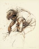 ‡ KEITH BOWEN (Welsh b.1950) ink on paper - shepherd shearing, signed in pencil, dated 1990, 50 x