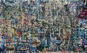 NEALE HOWELLS (Welsh b.1965) expansive mixed media on wood - entitled verso 'What is our future